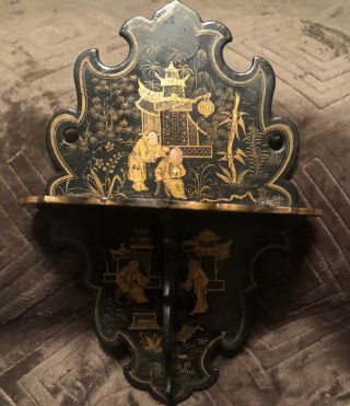 Chinoiserie Antique 19 Th C,  Folding Wall Shelf,  Paper Mache Black Lacquer 9”in