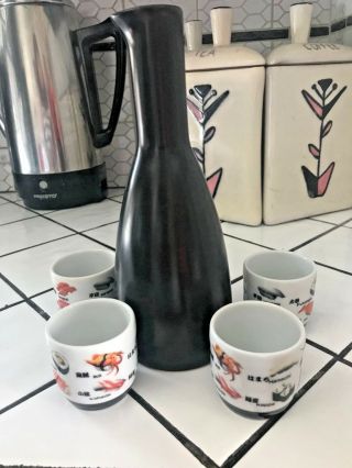 Cost Plus World Market Sake Set Black Decanter W/ 4 Sushi Name Cups Pottery