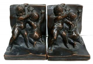 Antique Kbw Kathodian Bronze Nude Cherub Putti Boys Bronze Clad Bookends