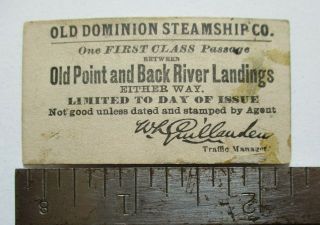 Antique 1890 Old Dominion Steamship Point Black River Landing Virginia Va Ticket