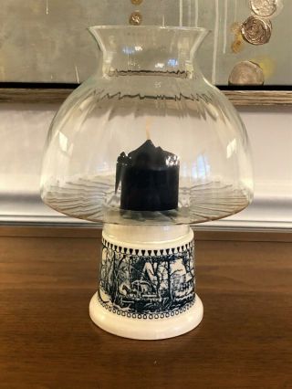 Rare Royal China Currier And Ives Candle Holder Hurricane Lamp Blue C & I Htf