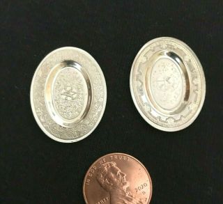 Two Dollhouse Miniature Sterling Silver Oval Engraved Plates