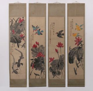 Very Rare Four Chinese Hand Painting Scroll Qi Baishi Marked (447)