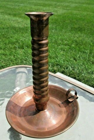 Tall Antique Hand Hammered Copper Candle Candlestick Holder With Finger Loop