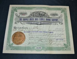The Cripple Creek Gold Temple Mining Company 1902 Antique Stock Certificate