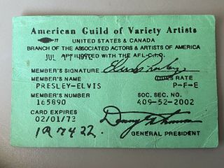Elvis Presley American Guild Of Variety Artists Membership Card - Rare