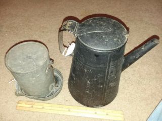 Antique Tin 9 " Coffee Pot & 1914 Patent Tin Keystone Bird Water Fountain