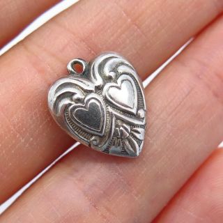 Antique Victorian 925 Sterling Silver Repousse Double Heart Puffy Charm Pendant