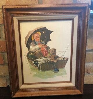 Norman Rockwell Vintage Wood Frame Canvas Art Print Old Man & Dog Asleep Fishing