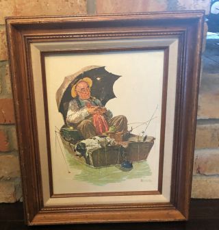 Norman Rockwell Vintage Wood Frame Canvas Art Print Old Man & Dog Asleep Fishing 2