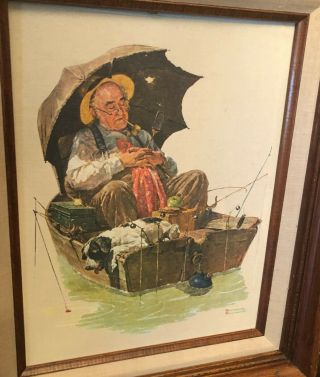 Norman Rockwell Vintage Wood Frame Canvas Art Print Old Man & Dog Asleep Fishing 3