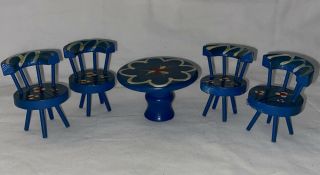 Wood Dollhouse Furniture Kitchen Table & 4 Chairs Painted Blue Floral Design