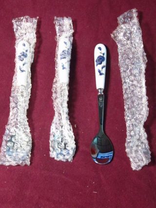 Stainless Set Of 3 Spoons With White Porcelain Handle Blue Flowers Soup? Sugar?