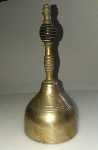 Antique Brass School Bell Hand Held With Turned Wood Handle All