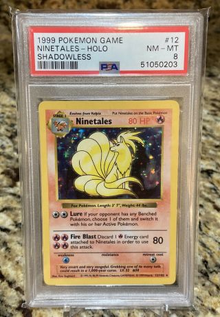 1999 Pokemon Base Set Holo Ninetales 12/102 Shadowless - Psa 8 Nm - Wotc Card