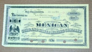 Mexican Gold And Silver Mining Company 1911 Antique Stock Certificate