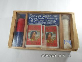 Antique Cigar Art Playing Cards & Poker Set In Wood Box - Not Complete