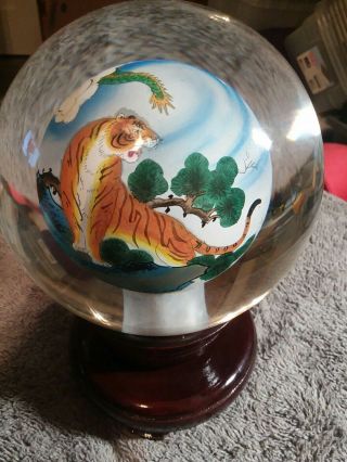 Rare Signed Asian Mid Century Oriental Reverse Hand Painted Paperweight W Stan