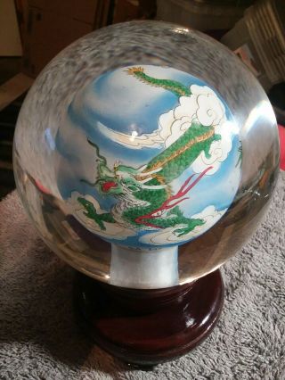 Rare Signed Asian Mid Century Oriental Reverse Hand Painted Paperweight W Stan 2