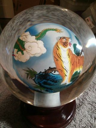 Rare Signed Asian Mid Century Oriental Reverse Hand Painted Paperweight W Stan 3