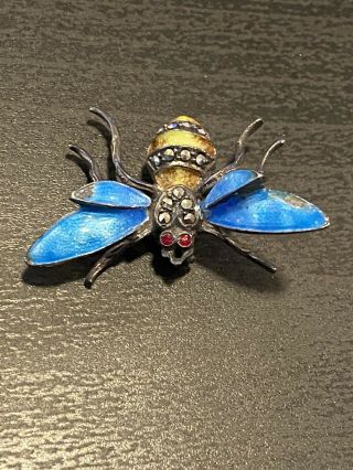 Antique Sterling Silver Enamel Bumble Bee Brooch Pin Marcasite