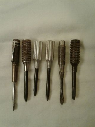 Vintage Screwdrivers Set Of 6 Machined W/ Knurled Grip All Metal Antique Pen