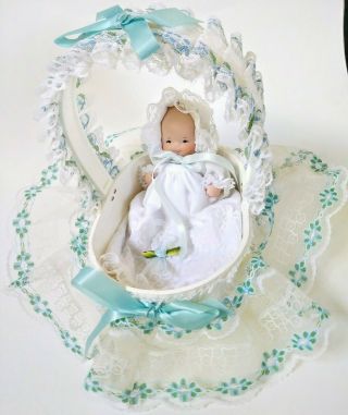 Phyllis Parkins Signed1995 Baby Doll 5 " Miniature Basket Cradle Porcelain Bisque