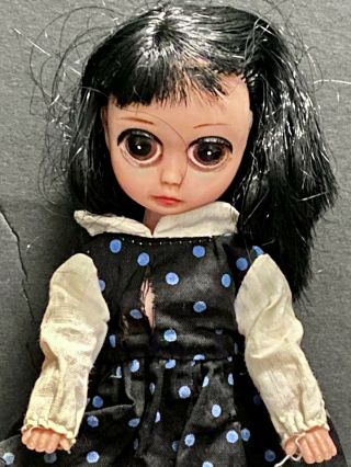 Vintage 1960’s Susie Sad Eyes 8” Vinyl Doll Blythe Era Black Hair Big Eyes S1 2