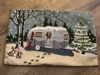 Pottery Barn Airstream Camper Christmas Crewel Embroidered Pillow Cover Rare