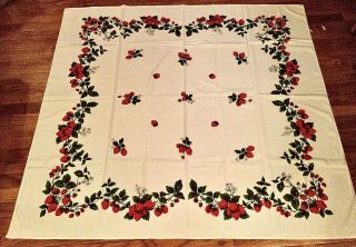 Vintage Rare Pristine Screen - Printed Linen Tablecloth With Strawberry Motif