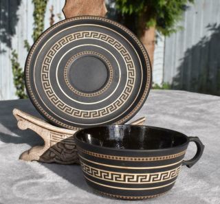 Very Rare Antique 19thc Wedgwood Basalt Encaustic Style Cup & Saucer