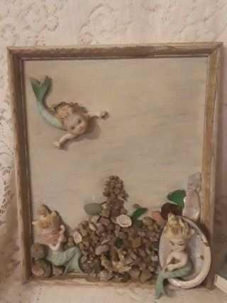 Mermaids With Shells - 3d - Vintage Handmade Rare 1 Of A Kind 11x9 Handpainted