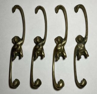 Vintage Brass Hanging Monkey Hooks Hangers 5.  5 " Mid Century Hardware Set Of 4