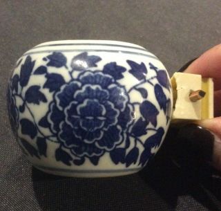 Antique Chinese Porcelain Floral Bird Feeder Water Bowl Blue White Bar Lock Rare