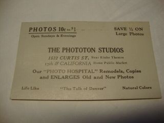 Rare Vintage 1938 Photography The Phototon Studios Business Card/calendar Denver