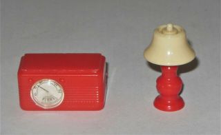 Vintage 1950’s Renwal Toy Dollhouse Furniture Red Radio & Red Table Lamp