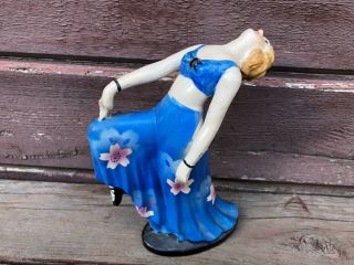 Vintage Art Deco Made In Japan Ceramic Dancer Woman Figurine W Blue Dress 7.  5 "