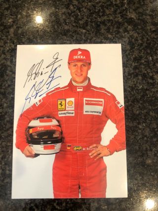 F1 Michael Schumacher Autograph Card Postcard Hand Signed Twice Rare