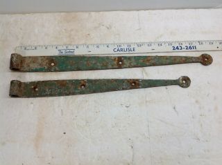 Antique Vintage Hand Forged Barn Strap Hinges Set Of 2 Green Paint 19 " & 16 "