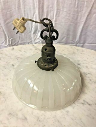 Vintage Brass Hanging Lamp Light White Glass - 9 " Diameter Shade - Mid Century