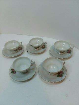 Set Of 5 Porcelain Pink Floral Tea Cups & Saucers Made In Japan