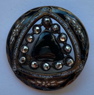 Antique Vintage Champleve Enamel Metal Button With Cut Steel Accents 1”