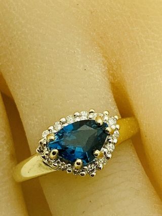 14k Rare & Stunning Designer London Blue Topaz & Diamond Ring
