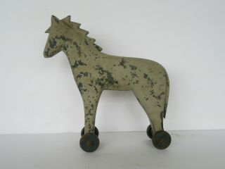 Vintage Carved & Hand Painted Folk Art Wood Horse On Wheels Figure (signed)