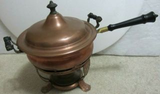 Antique Manning Bowman Perfection Chafing Dish W Burner Brass Copper Enamel Wood