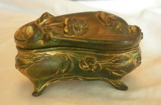 Art Nouveau Gold Gilt Metal Jewelry Casket Box W/ Pink Silk Lining