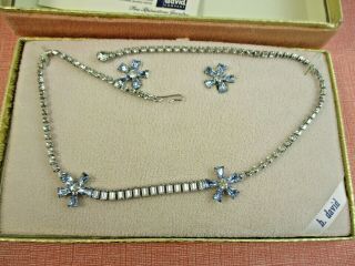 Rare 1960s Signed B.  David Blue Rhinestone Necklace & Earring Set Box