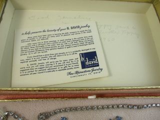 RARE 1960s Signed B.  DAVID Blue RHINESTONE Necklace & Earring SET BOX 3