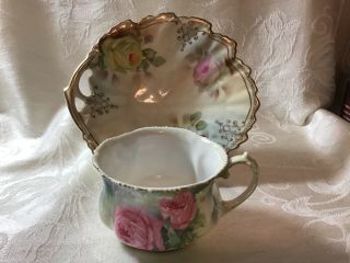 Rare Antique Rs Prussia Hand Painted Pink Rose Floral Teacup & Saucer