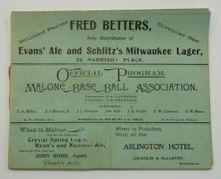 Old Antique Baseball Program Malone York Ny Advertising Plattsburgh Souvenir